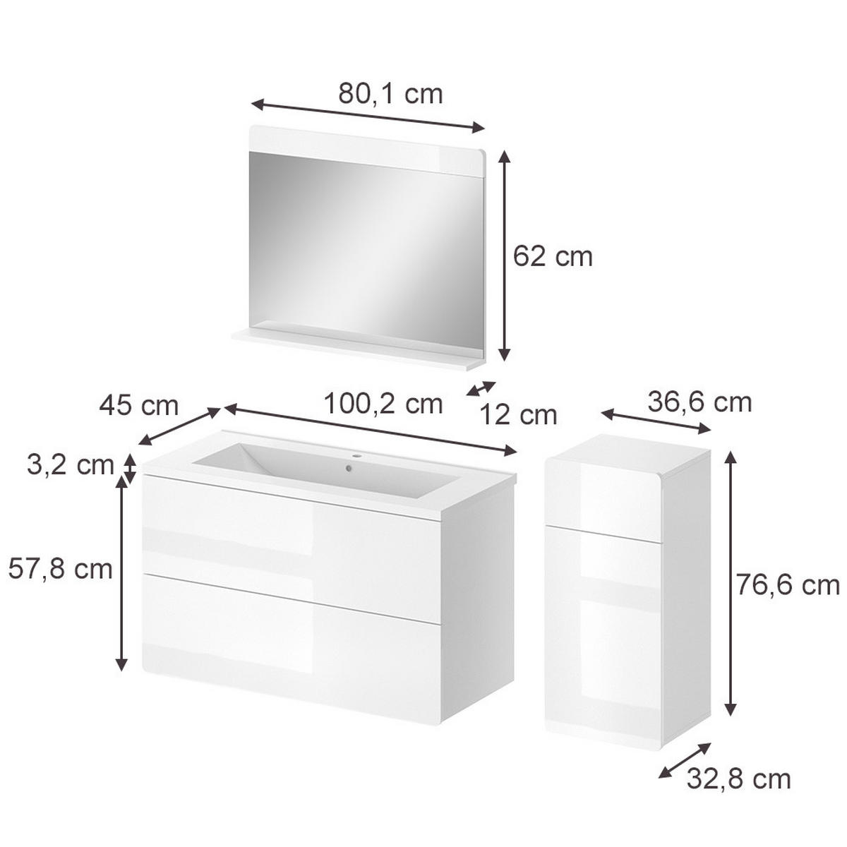 KOUPELNOVÝ NÁBYTEK Izan, Bílá vysoký lesk/Bílá, 4dílná - bílá/vysoce lesklá bílá, kompozitní dřevo (100/57.8/44.6cm) - Vicco
