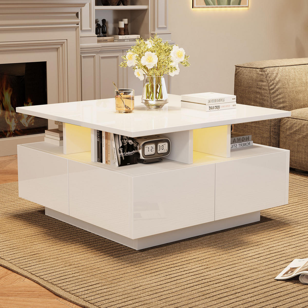 COUCHTISCH 70/70/40 cm weiß aus Spanplatte mit LED und 4 Schubladen - Weiß, Holzwerkstoff (70/70/40cm) - OKMYHOME