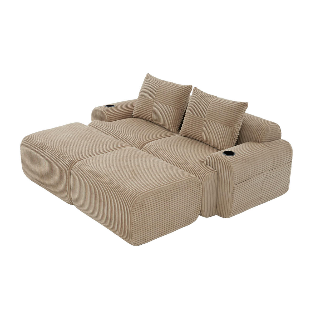 MODULARES 2-Sitzer Cordsofa mit 2 Hockern Getränkehalter und Seitentasche 200/174/80 cm Sandfarben - Sandfarben, Textil (174/80/200cm) - Redom