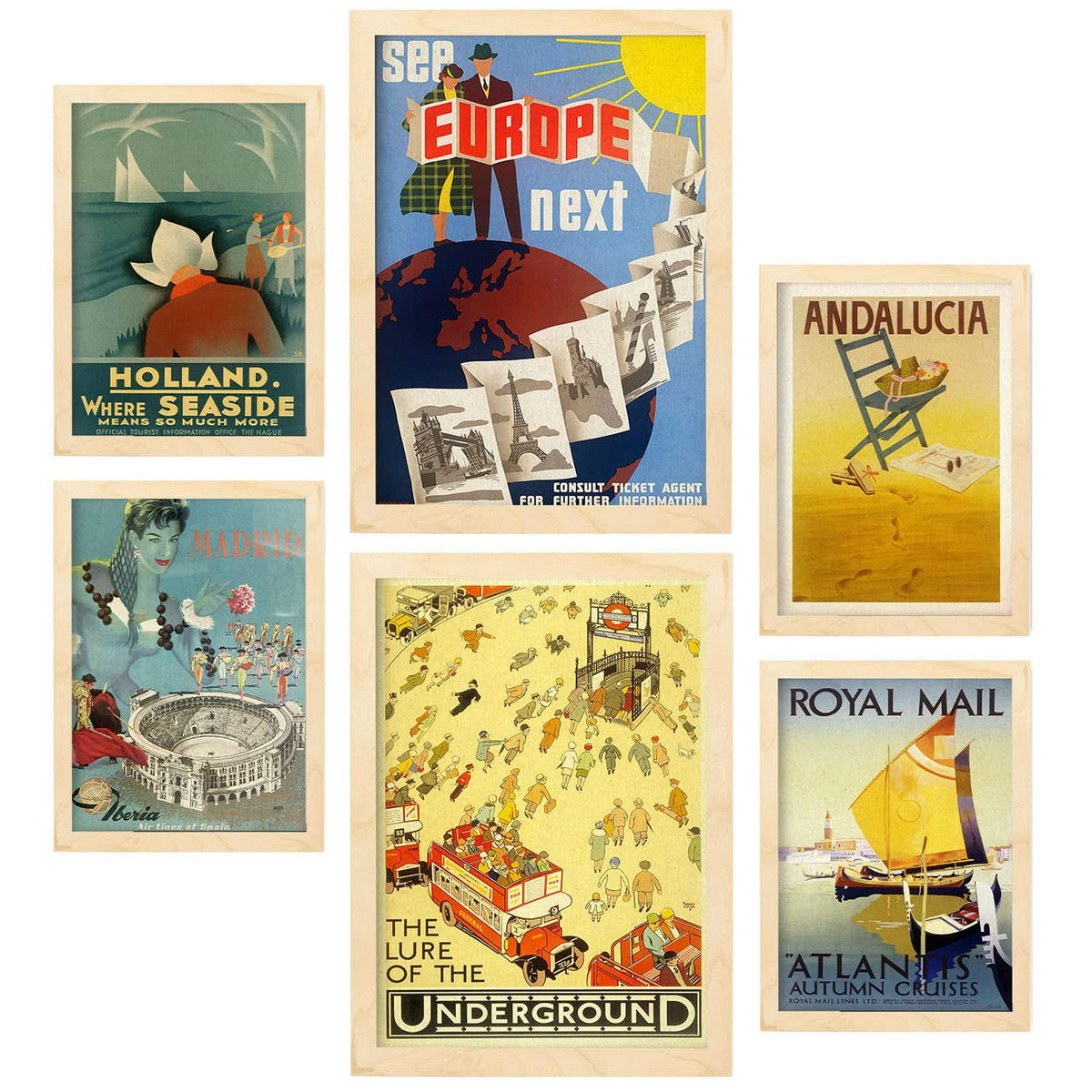 POSTER Set Mit 6 Vintage Europa Ästhetik Größe A3 & A4 Rahmen aus hellem Holz - Beige, Papier (29.7/1cm) - Nacnic