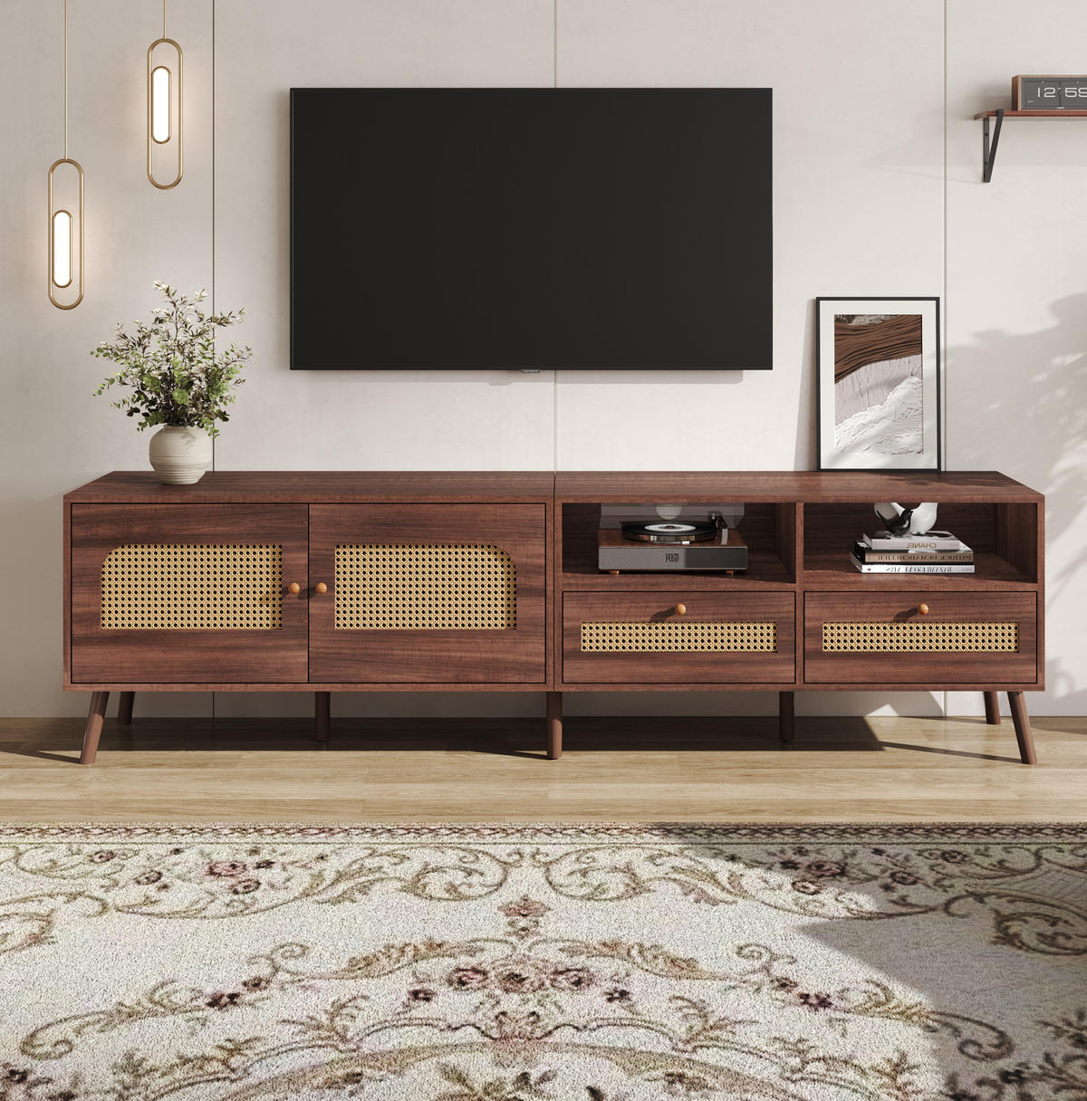 TV-LOWBOARD aus Spanplatte 200x37x49,5 cm Braun mit Rattantüren und 2 Schubladen - Braun, Holzwerkstoff (200/49.5/37cm) - IVMEU