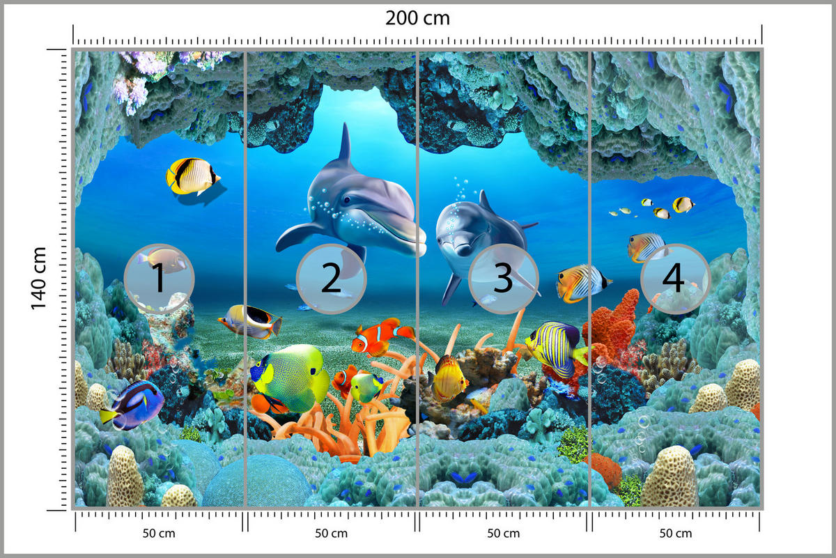 FOTOTAPETE für Badezimmer Unterwasser Korallenriff Delfin Fisch 200x140 - Türkis/Gelb, Papier (200/140cm) - Muralo