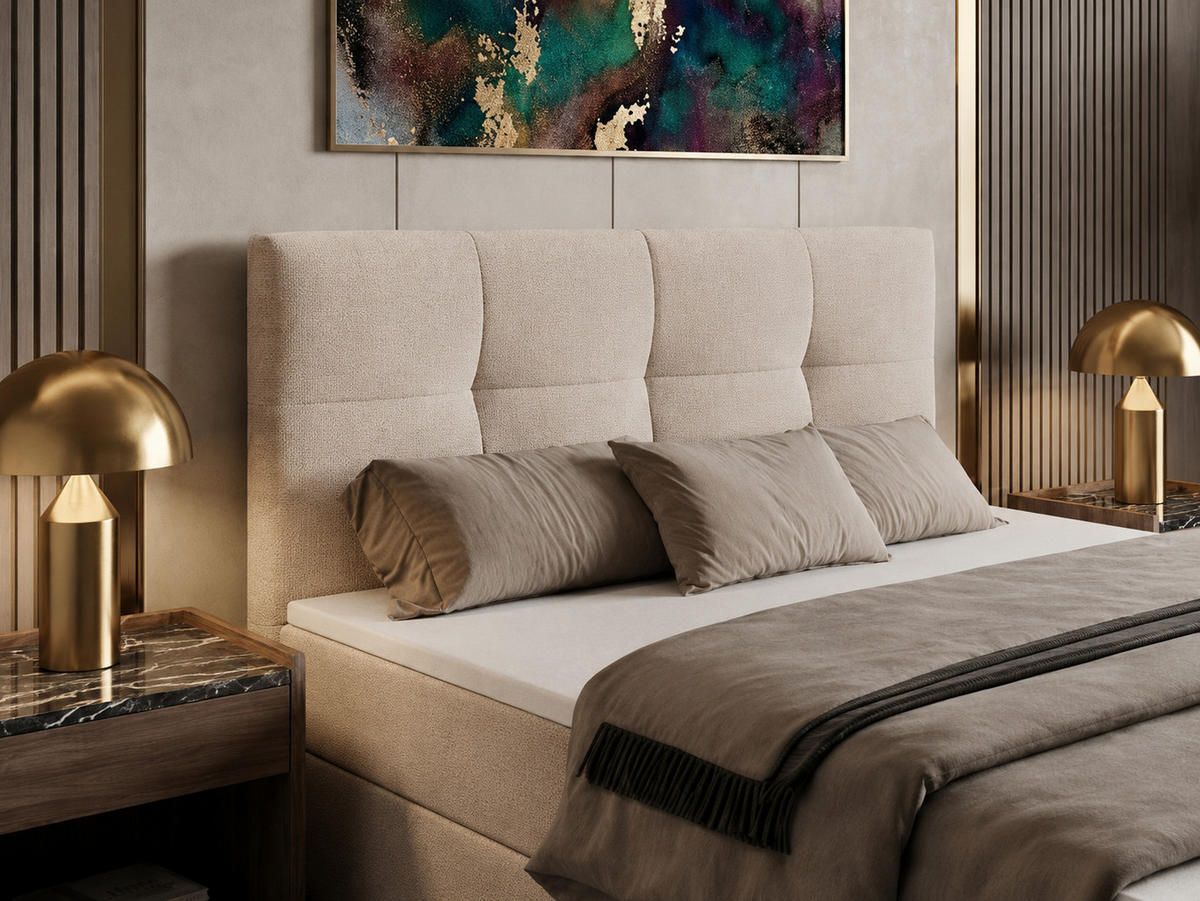 BOXBETT MORENO mit Bettkasten 180x200 cm inkl. Bonell-Federkernmatratze H3 und Topper – Polsterbett Stoff ASTI Creme - Creme, Textil (180/200cm) - Luxkor24