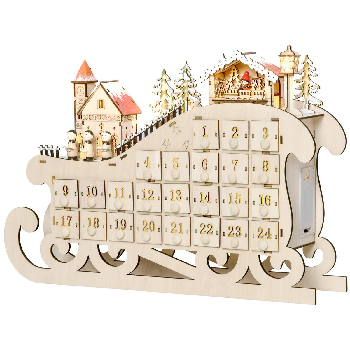BELEUCHTETER Adventskalender aus Holz in Schlittenform Naturfarben 10.0/45.0/31.0 cm - Naturfarben, Holz (10/31/45cm)