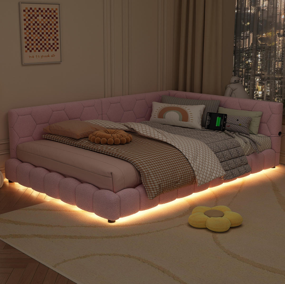 POLSTERBETT 140/200 cm Rosa aus Vliesimitat mit LED-Umgebungslicht - Rosa, Textil (140/200cm) - OKMYHOME