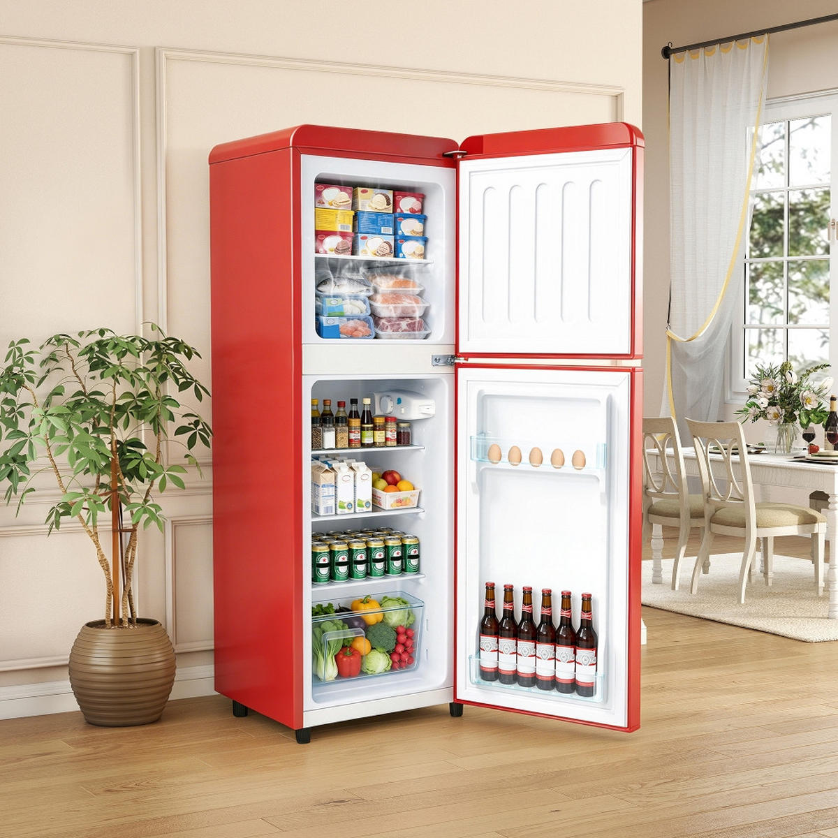 KÜHL-GEFRIER-KOMBINATION mit Gefrierfach, 112L KOMPAKTKÜHLSCHRANK, 7 Temperaturstufen, Rot, für Büro und Küche, 41/114,5/48,5 cm - Rot, Metall (47.5/121.5/47.5cm) - Rolipo