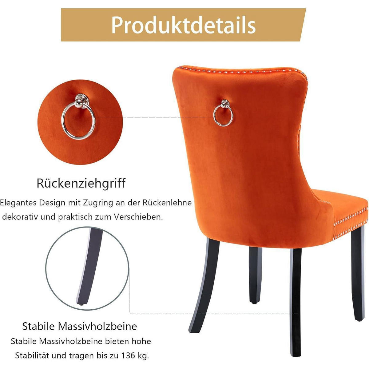 ESSZIMMERSTÜHLE 6er-Set Samt Orange mit Massivholzbeinen - Orange, Textil (50/95.2/62cm)