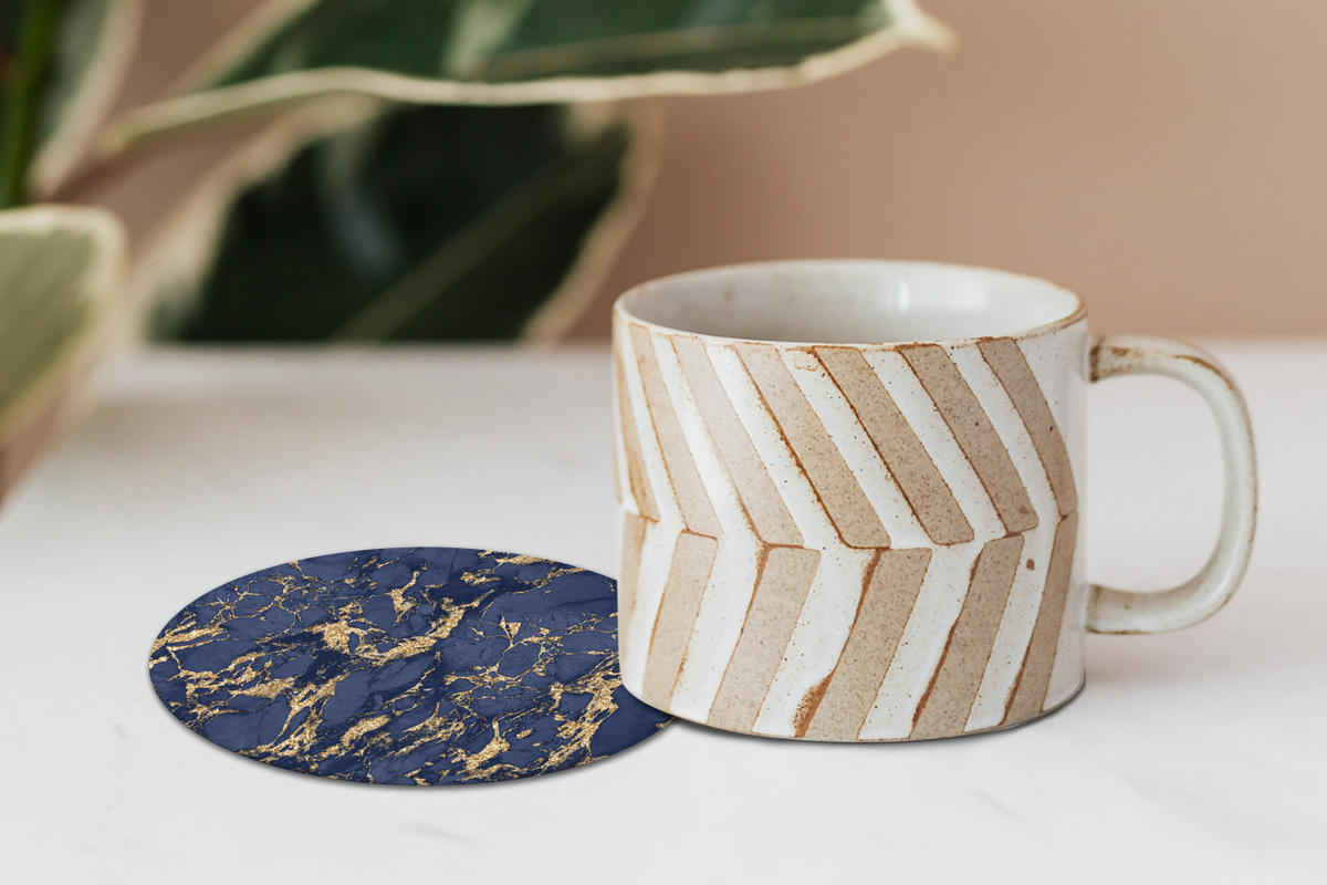 GLASUNTERSETZER 6er-Set Rund Blau - Gold - Muster - Marmor 10x10 cm - Dunkelblau, Naturmaterialien (10/0.2cm) - MuchoWow