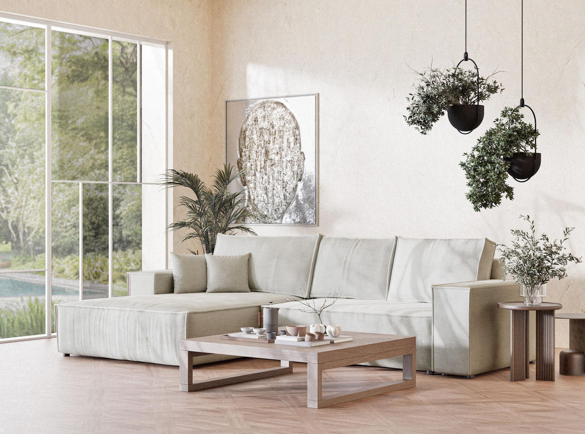 ECKSOFA Maze Beige grau Chenille-Stoff - Links Seite - Greige/Schwarz, Holz/Holzwerkstoff (185/294cm) - Maison de Reve