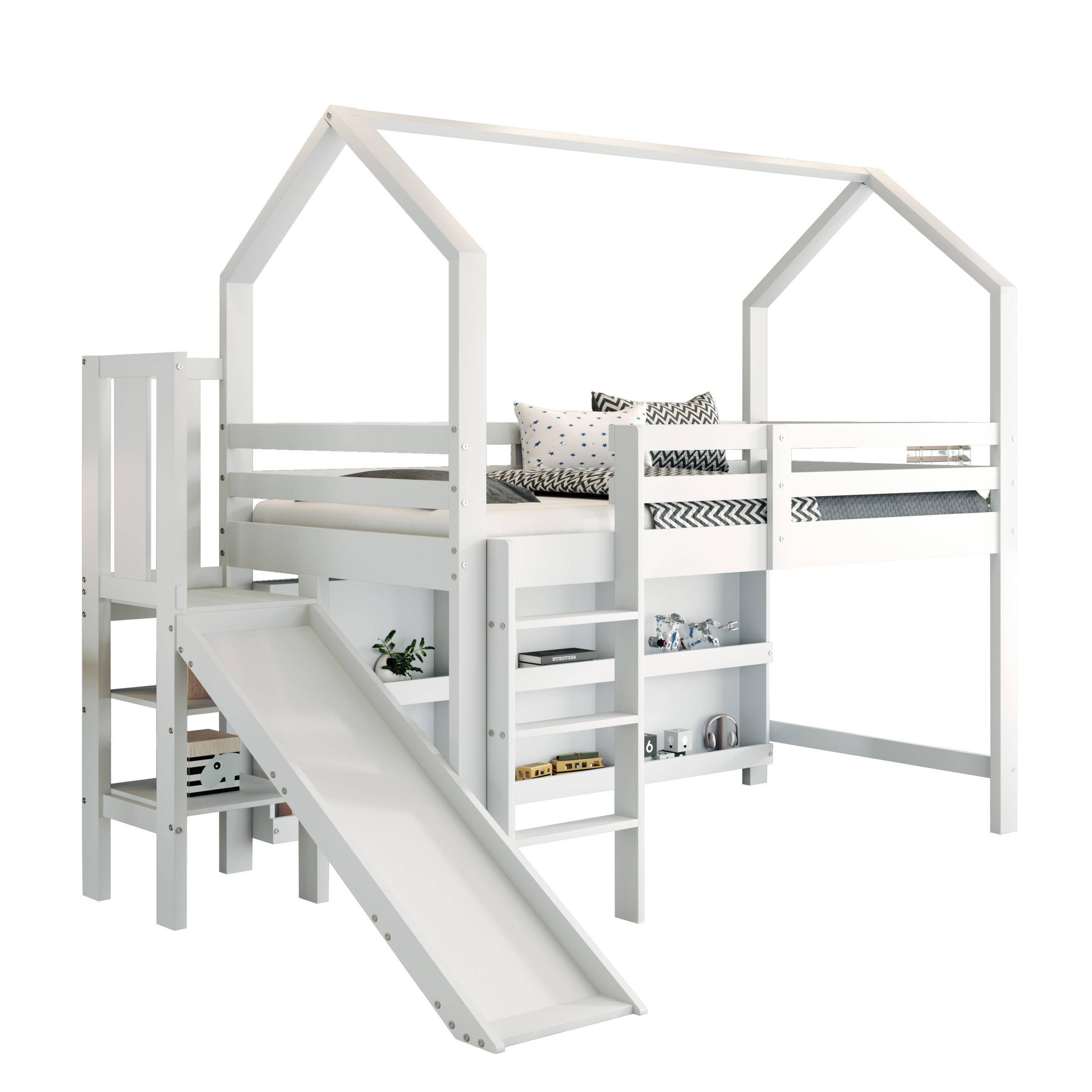 KINDEREINZELBETTEN aus Massivholz und MDF 90x200 cm in Weiß mit Rutsche & Stauraum - Weiß, Holzwerkstoff (90/200cm) - Modfu