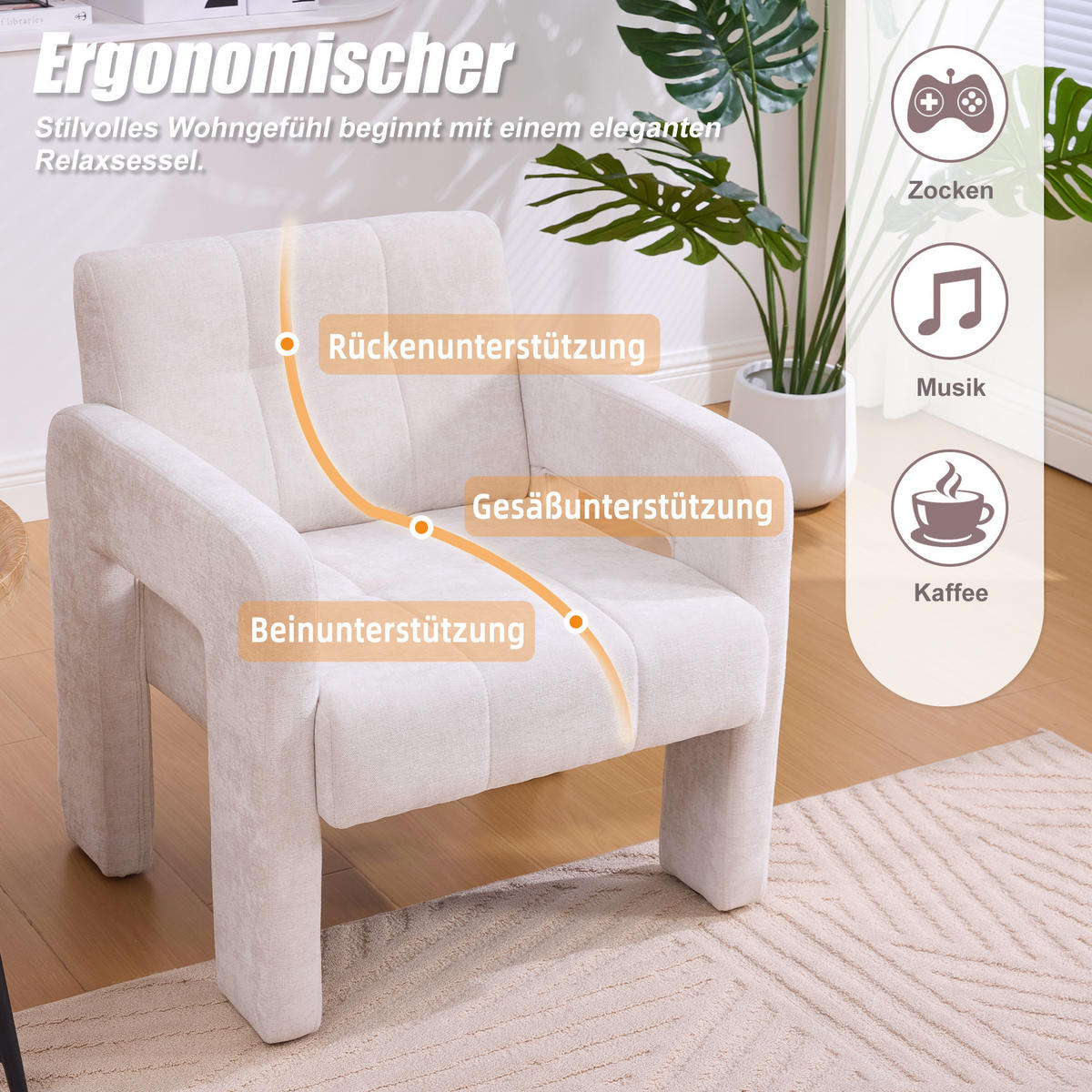 SESSEL Nordic Style aus Chenille mit ergonomischen Armlehnen - Beige, Textil (67/74/69cm) - Urban Meuble