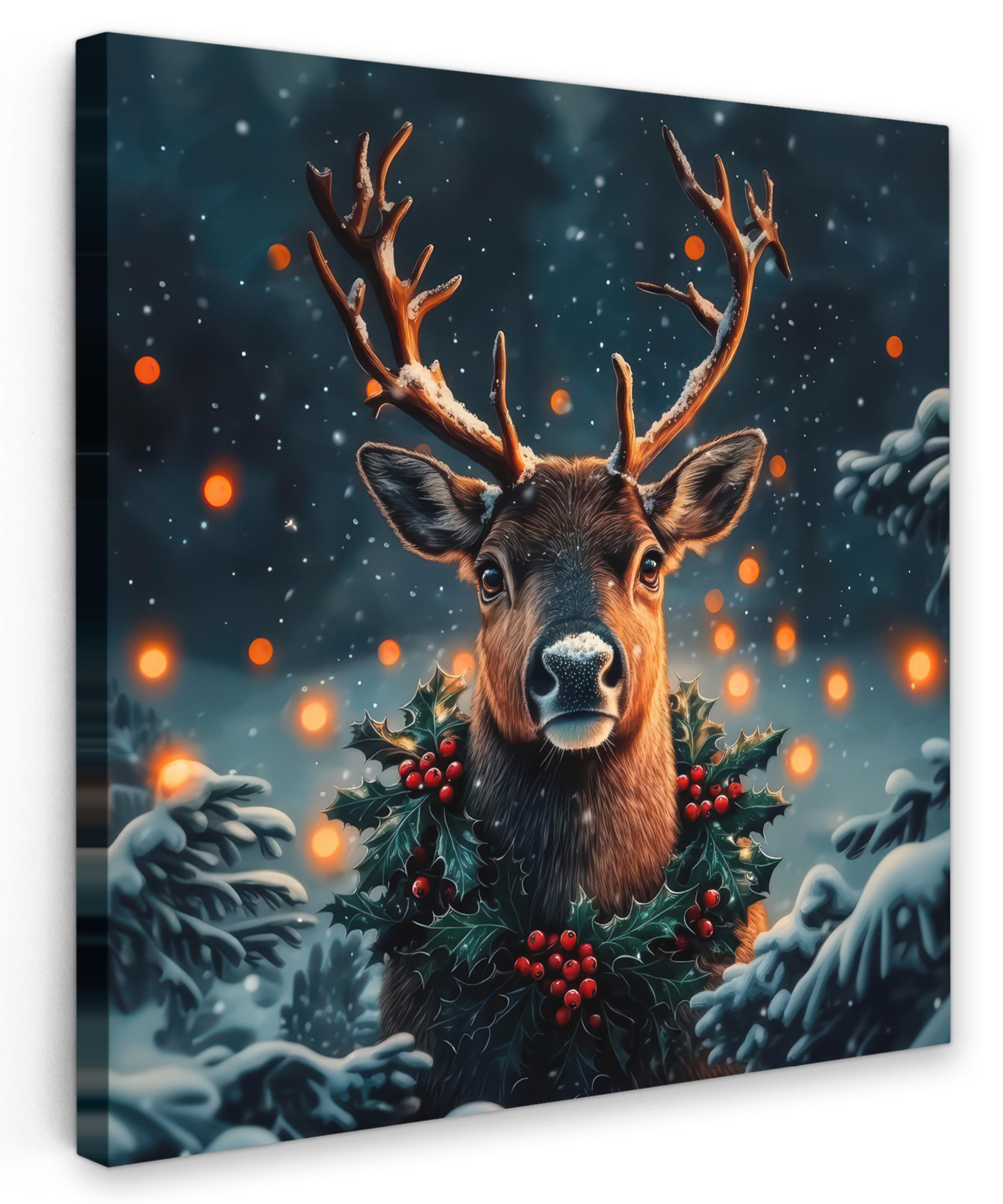 LEINWANDBILD Hirsch - Weihnachten - Winter - Schnee - Weihnachtskranz 50x50 cm - Dunkelbraun, Textil (50/50cm) - MuchoWow