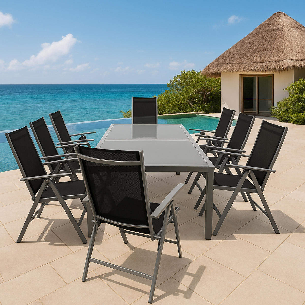 GARTEN-GARNITUR Ashford - 9-teilige Garten-Essgruppe (8x Klappsessel mit Aluminiumgestell grau, Bespannung Textilene schwarz - Schwarz, Metall - TPFGarden