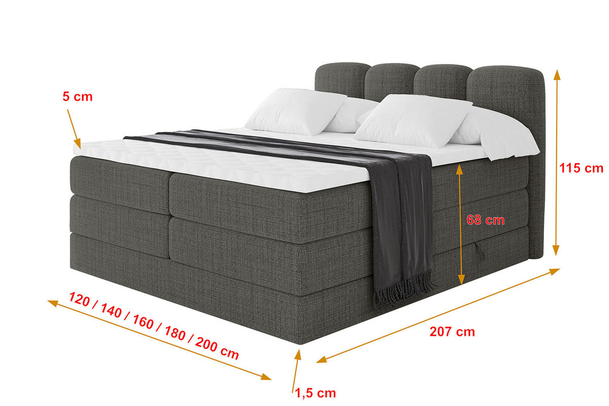 BOXBETT mit Matratze H3|H4 - NINA KING - 160x200 cm - Grau - Grau, Holzwerkstoff (160/200cm) - ALTDECOR