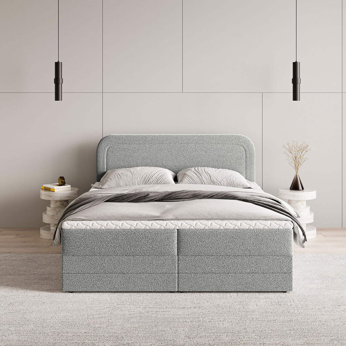 BOXBETT ARMEL 140x200 cm mit Matratze und Topper - Hellgrau - Hellgrau, Holz (140/200cm) - MASSENO