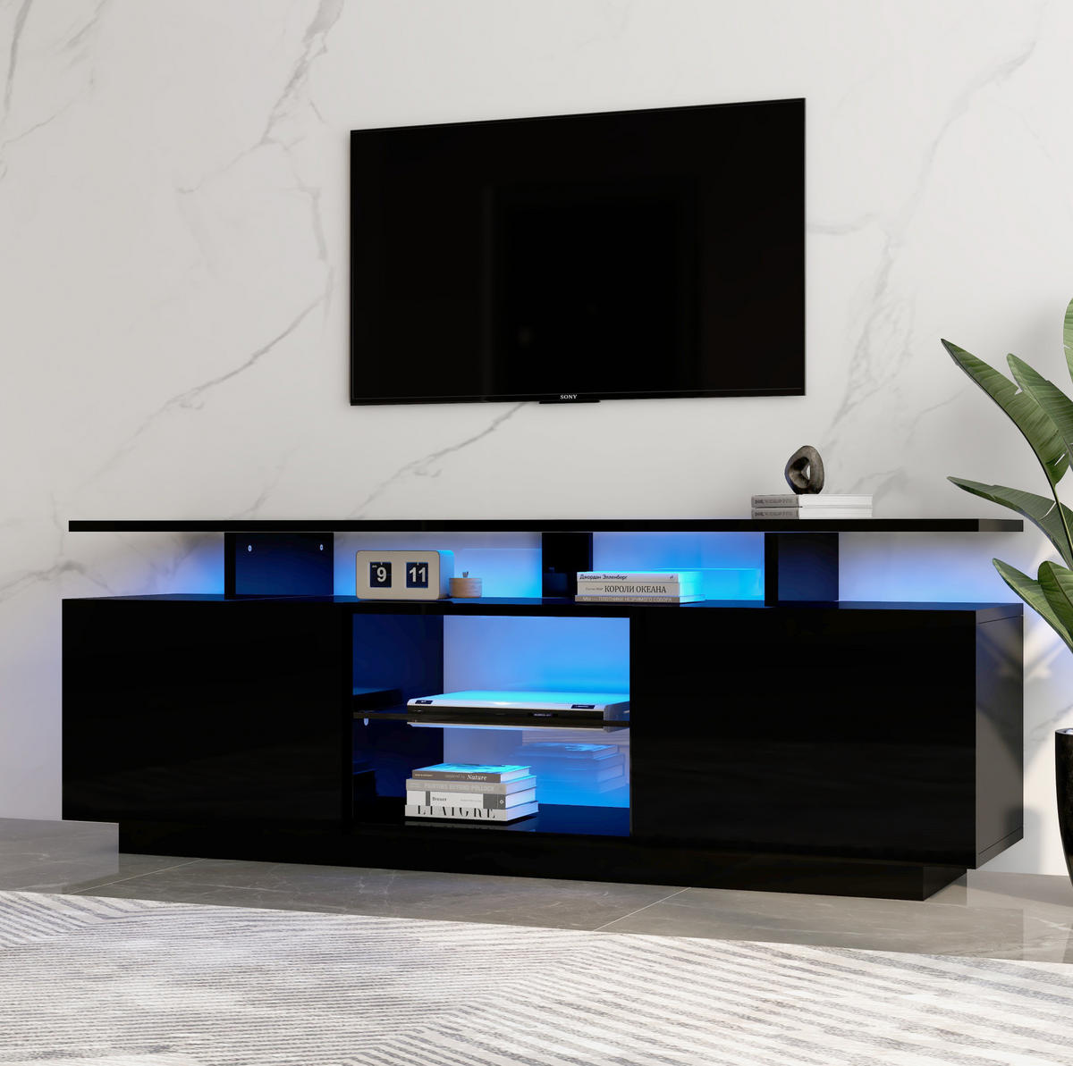 TV stolek 140/35/55 cm černý z dřevotřískové desky s LED osvětlením ovládaným aplikací - černá, kompozitní dřevo (140/55/35cm) - OKWISH