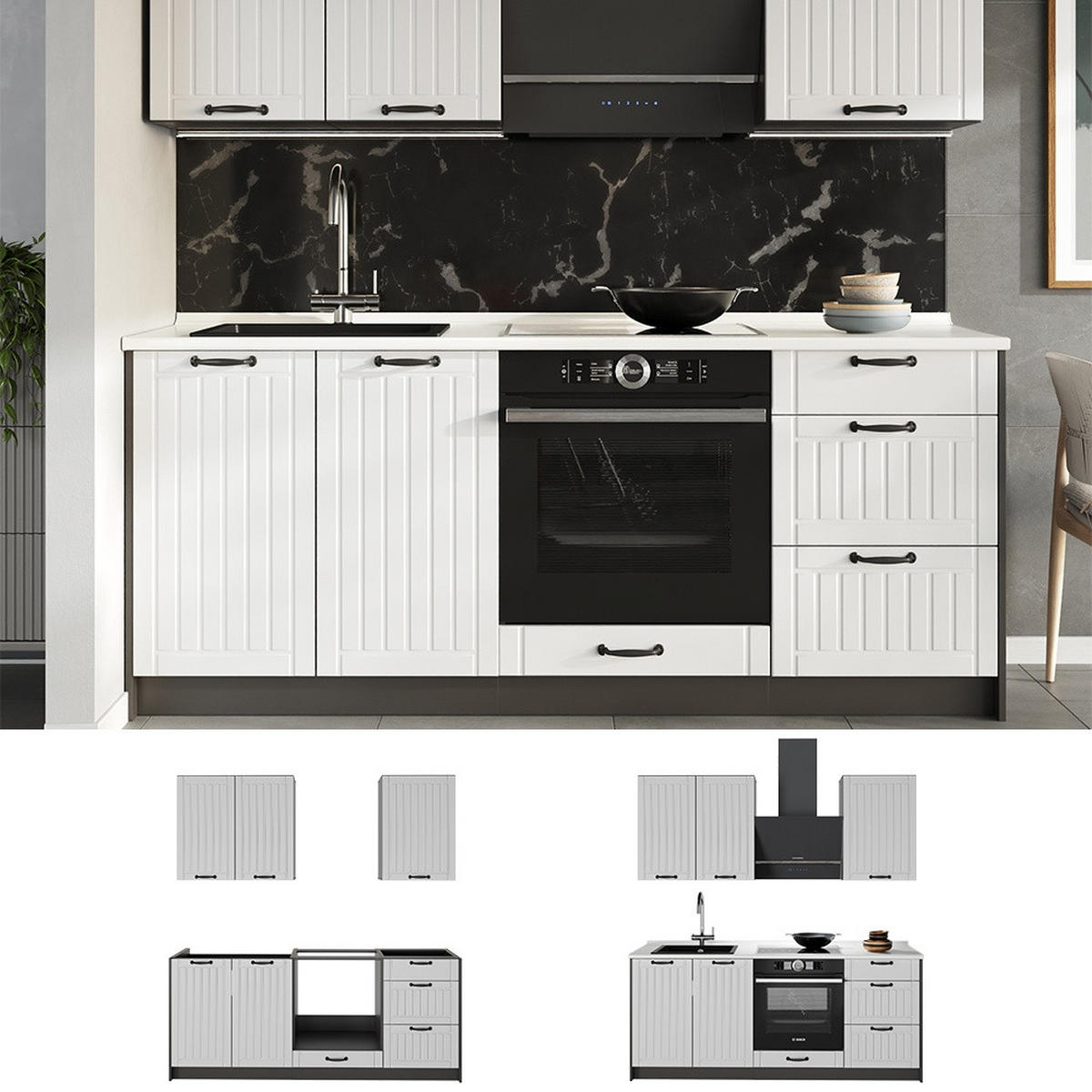SINGLEKÜCHE Fame-Line, Weiß Landhaus/Anthrazit, 190 cm ohne Arbeitsplatte - Anthrazit/Weiß, Holzwerkstoff (190/206.8/51.6cm) - Vicco