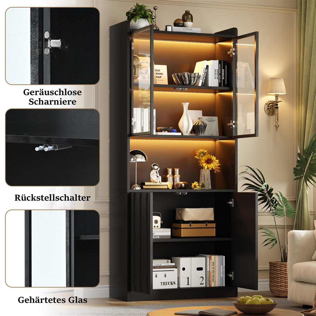 VITRINE 2er-Set 160x35x200 cm Schwarz LED Glastüren - Schwarz, Holzwerkstoff (160/200/35cm) - FLIEKS