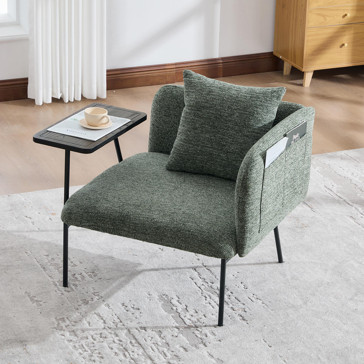 SESSEL Chenille Smaragdgrün mit Beistelltisch und Seitentaschen - Grün, Textil/Metall (86/71/72cm) - WISHDOR