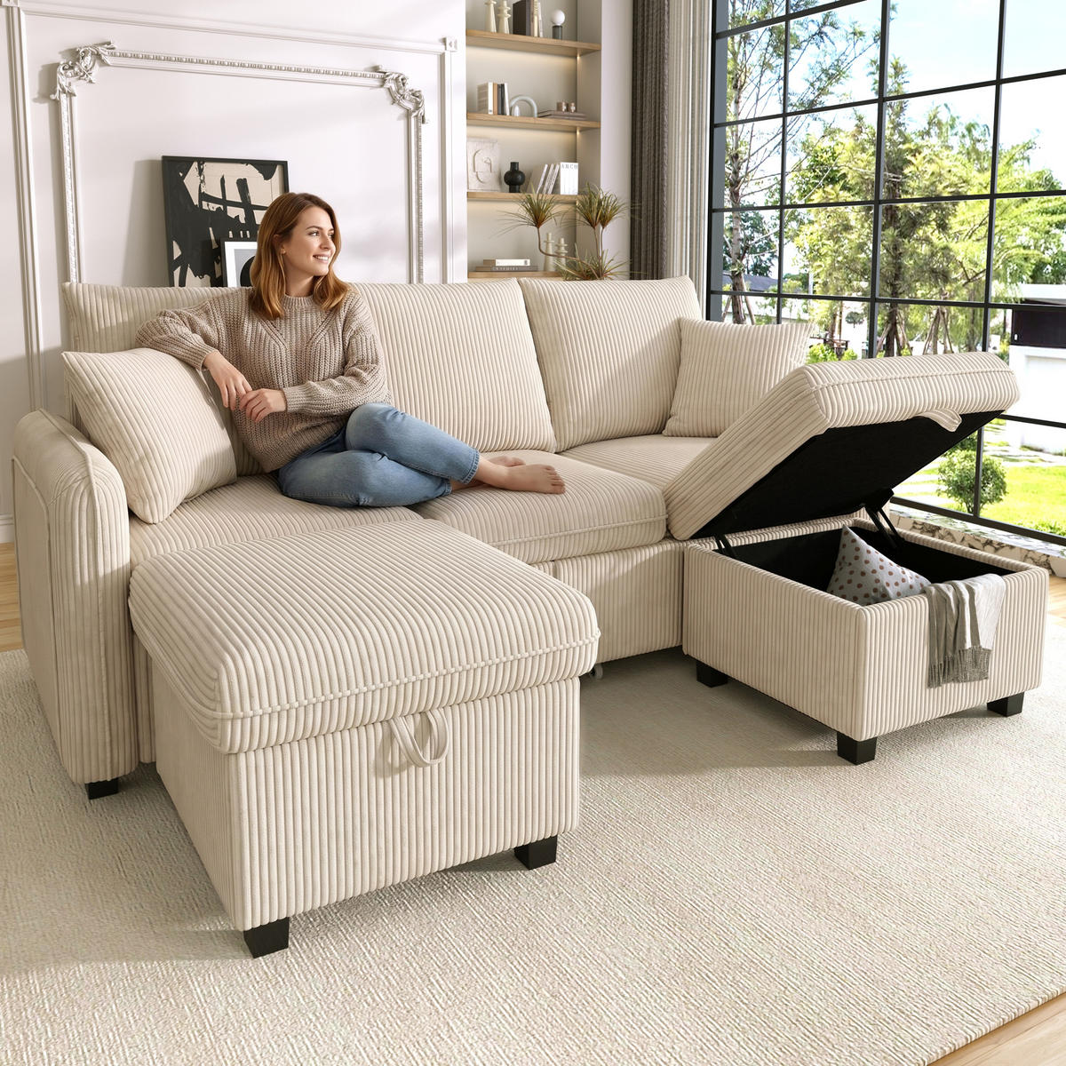 WOHNLANDSCHAFT 5-Sitzer Cord Beige mit Schlaffunktion, Stauraum und mit Hocker - Beige, Holzwerkstoff/Kunststoff (188/86/82cm) - WISHDOR