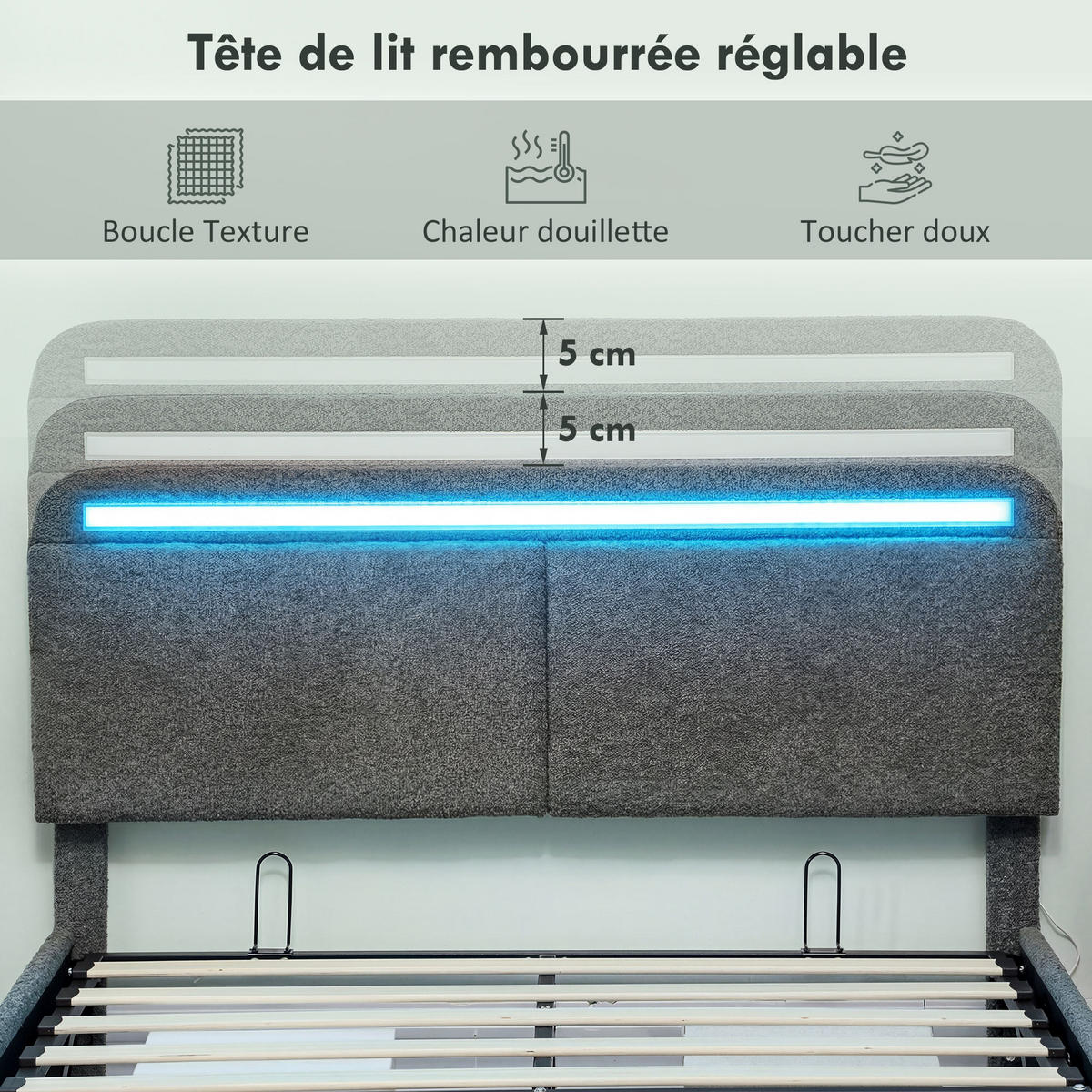 BETT 140x190 cm DE-14653 mit LED-Beleuchtung & verstellbarem Kopfteil Grau - Grau, Textil (140/190cm) - ComfortXL