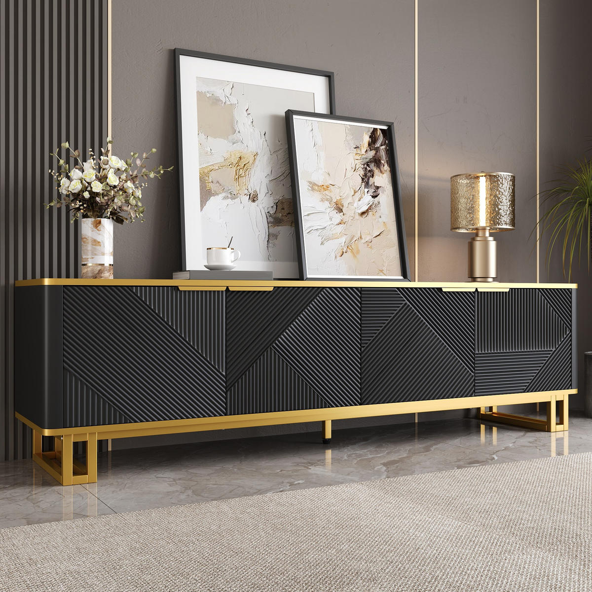 TV-ELEMENT160X37,5X48CM SchwarzGold Lowboard mit 4 Türen und Kabelmanagement - Schwarz, Holz (45.09/14.61/175.26cm) - Raelunyi