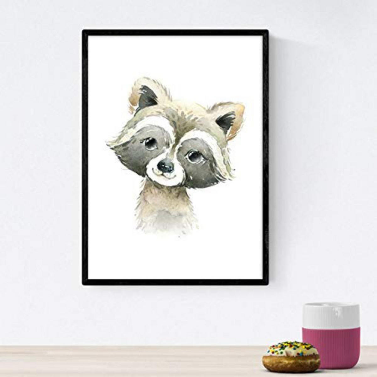 POSTER Set mit 4 Waschbär Stinktier Reh und Fuchs A4 Schwarzer Rahmen - Schwarz, Papier (29.7/3cm) - Nacnic