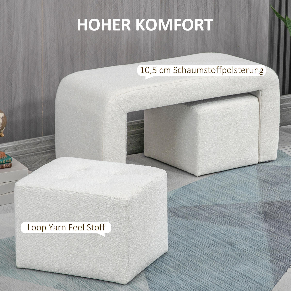 FUSSHOCKER 3 tlg., Sitzhocker, Weiß - Weiß, Kunststoff (42.5/45/89cm) - HOMCOM