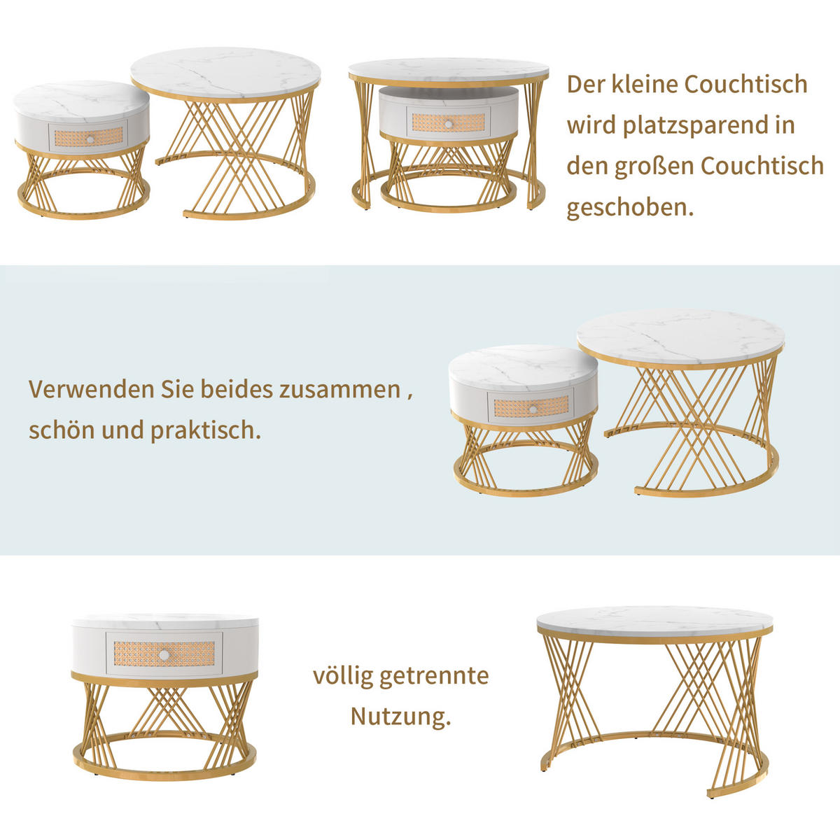 COUCHTISCH aus MDF 70x70x45,5 & 50x50x38,5 cm in Weiß mit Schublade - Weiß, Holzwerkstoff (70/70/45.5cm) - Modfu