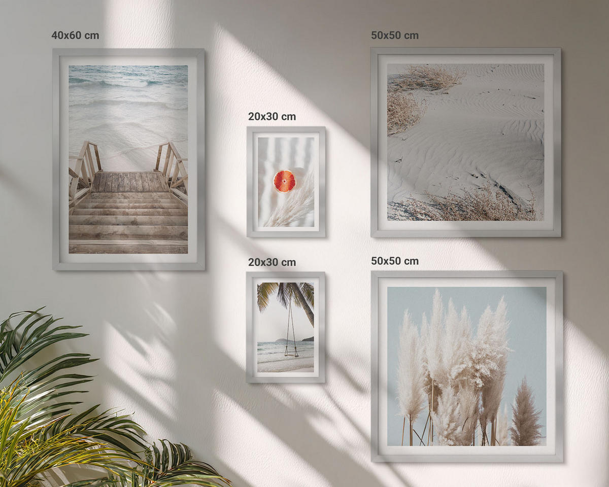 WANDBILDER 5er Set - 50x50 cm & 20x30 cm & 40x60 cm Silberner Rahmen - Strandatmosphäre dank hölzerner Treppen. - Silberfarben, Kunststoff (40/60cm) - ArtPrintCave