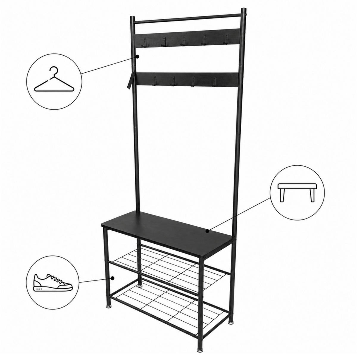 KLEIDERSTÄNDER MDF Metall Schwarz mit Sitzbank Haken und Schuhablagen 70x32x175 cm - Schwarz, Holzwerkstoff/Metall (70/175/32cm) - Begryf