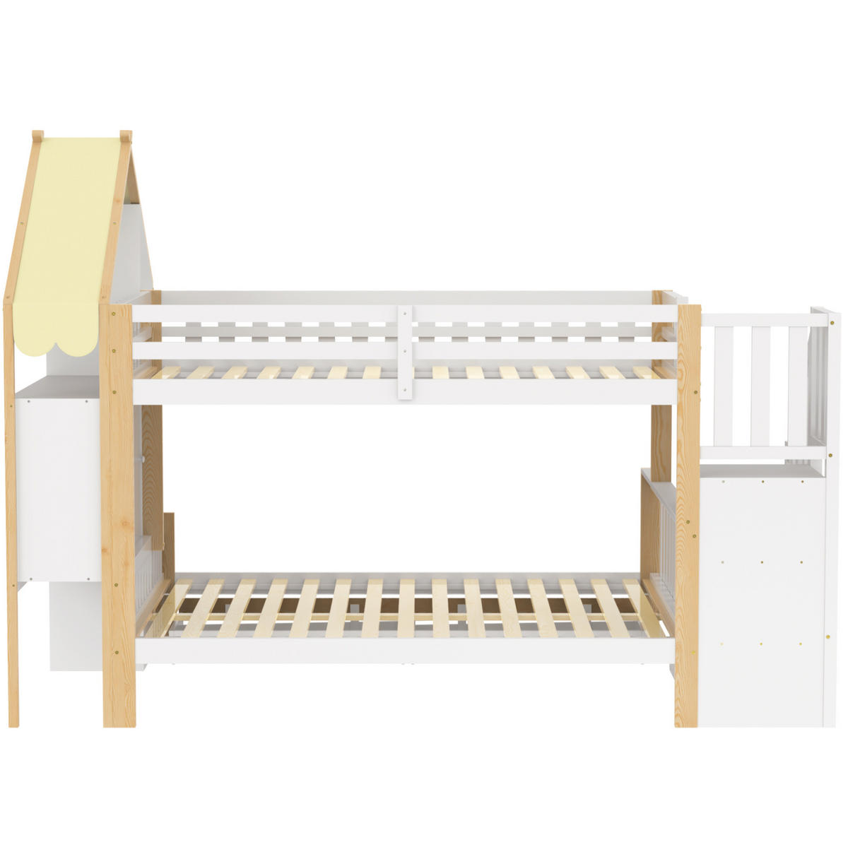 HAUSBETT 90/200 + 140/200 cm in Weiß/Natur mit Stauraumleiter und Schubladen - Weiß, Holz (90/200cm) - BEAOK