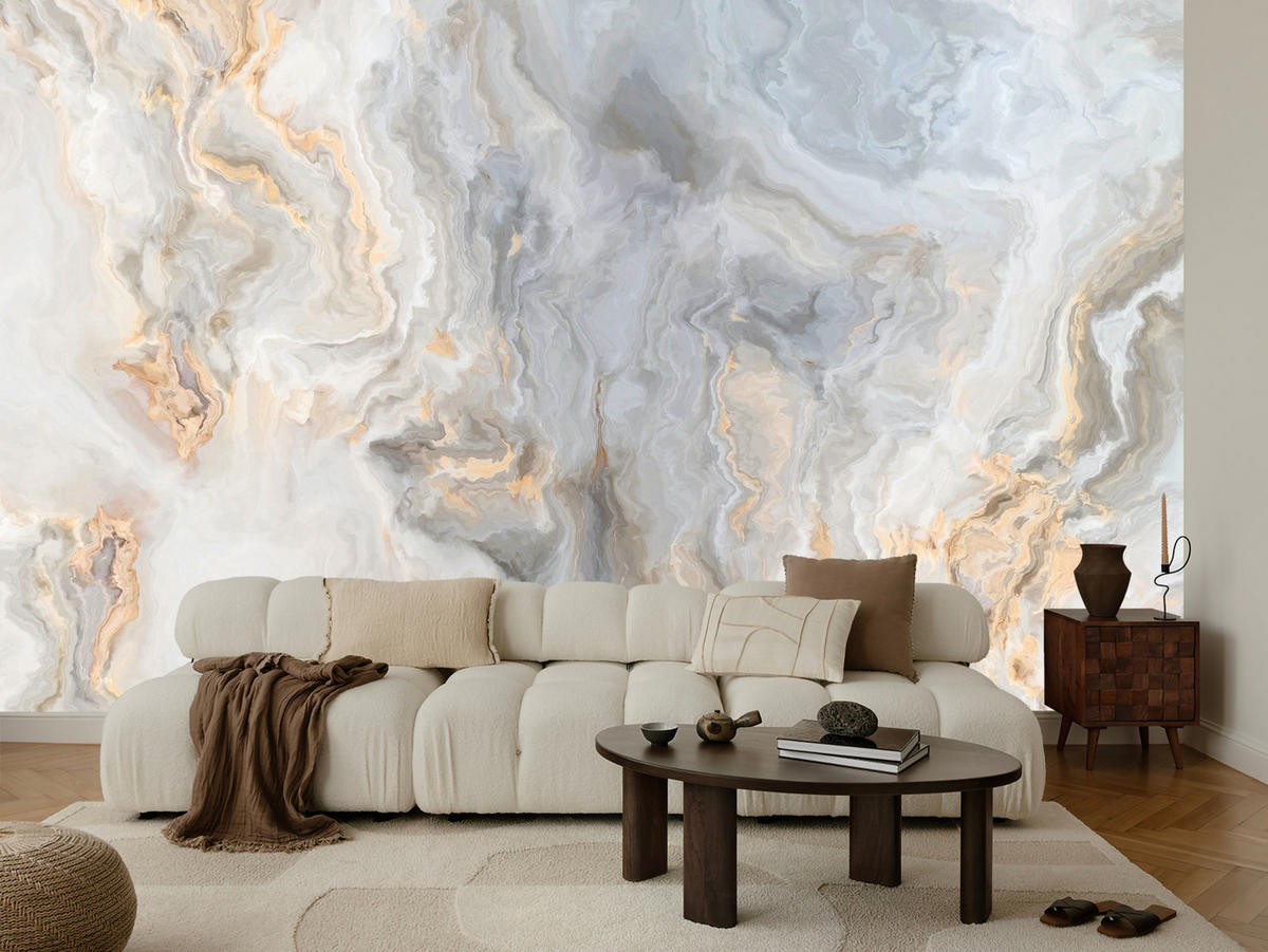 FOTOTAPETA Pre Kuchyňu Sivá Imitácia Mramoru Zlaté Žily 500 x 350 cm - oranžová/sivá, papier (500/350cm) - Muralo