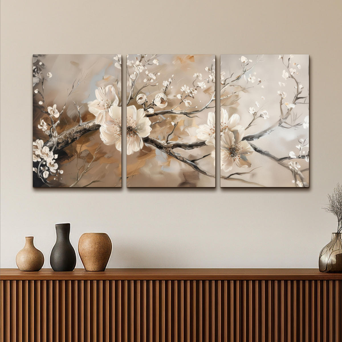 LEINWANDBILD 3er Set Blüte - Beige - Abstrakt - Blumen 120x60 cm - Hellbraun, Textil (120/60cm) - MuchoWow