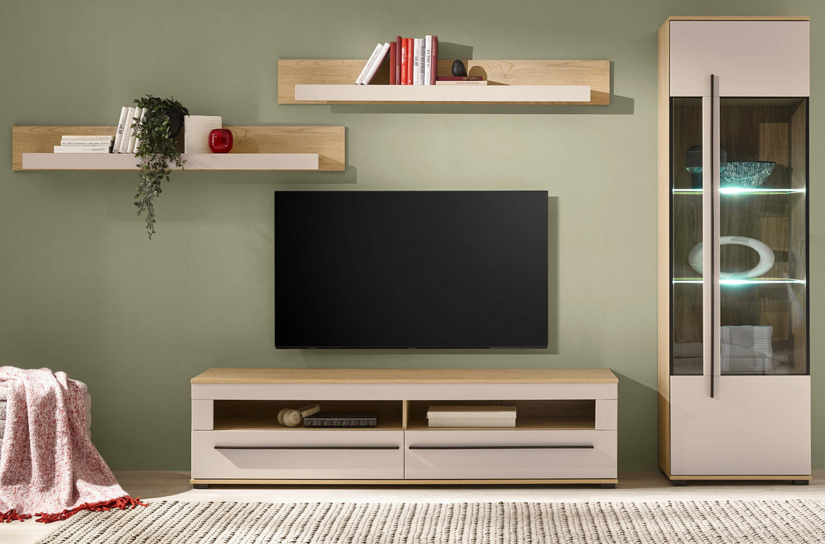 WOHNWAND Kaschmir, Eiche 4-teilig 240 cm, Wohnkombination mit Soft-Close - Kaschmir/Eichefarben, Glas/Holzwerkstoff (240/200/42cm) - Furn.Design