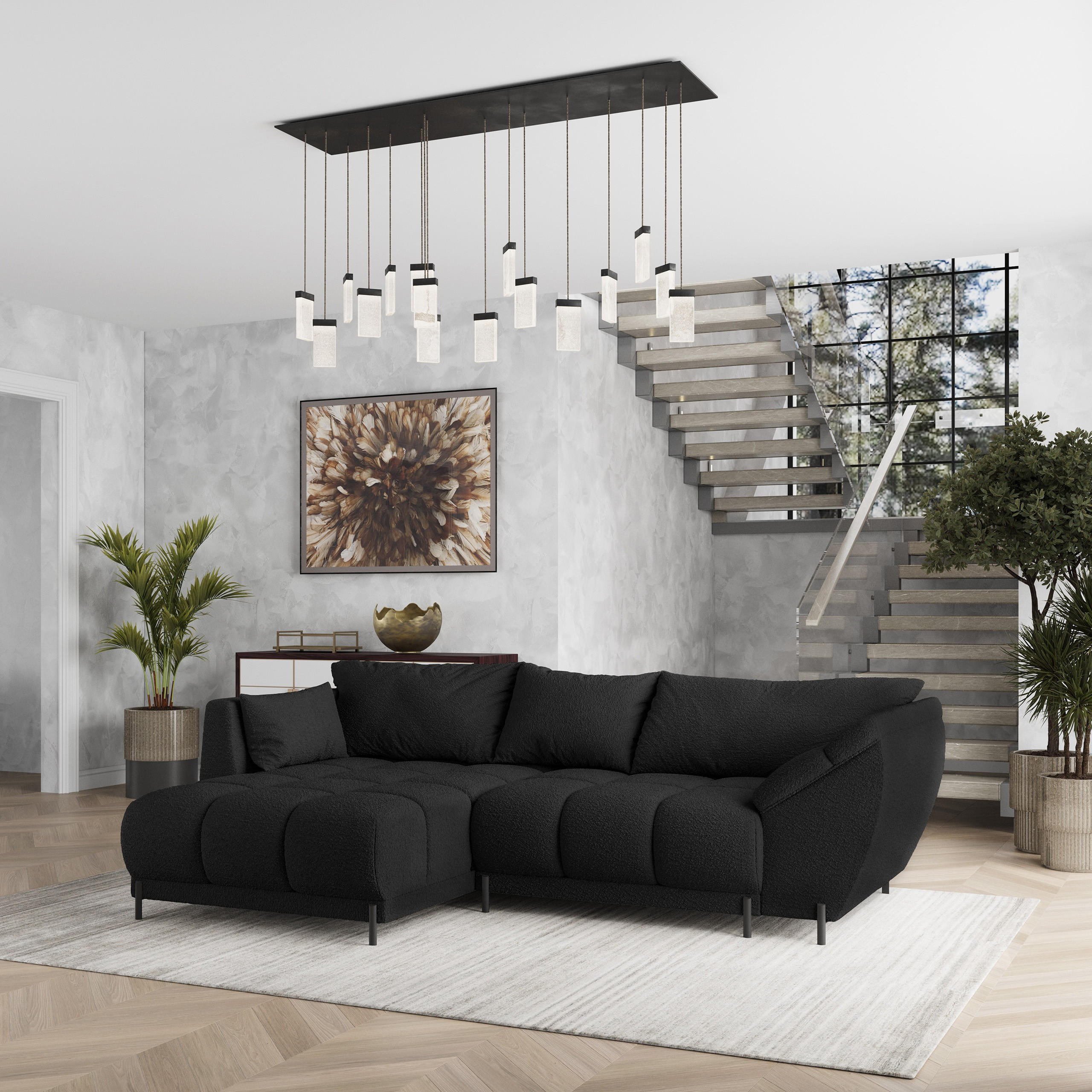 ECKSOFA VESTANO L-S Schwarz Boucle-Stoff mit Schlaffunktion - Schwarz, Holz (287/182cm) - MASSENO
