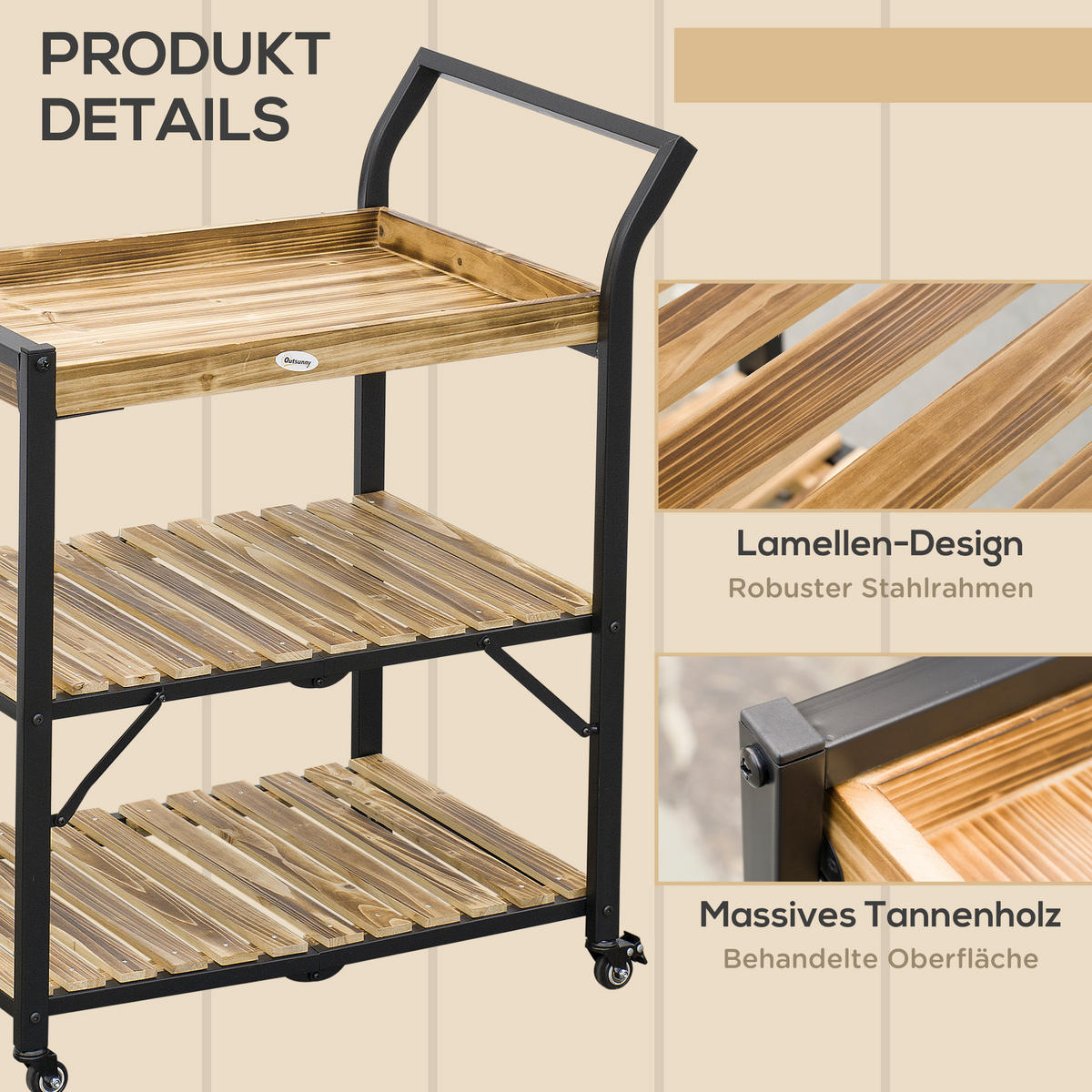 SERVIERWAGEN, Faltbares Gartenrollwagen, mit 3 Regalenmit, Griff, Tanne+Metall, Natur - Fichtefarben, Holz/Metall (50/90/79cm) - Outsunny