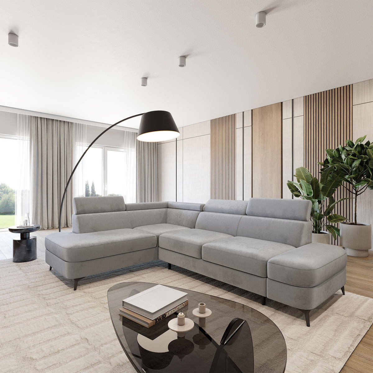 ECKSOFA AVISE M L-S Hellgrau Velours-Stoff mit Schlaffunktion - Hellgrau, Holzwerkstoff/Textil (268/195cm) - MASSENO