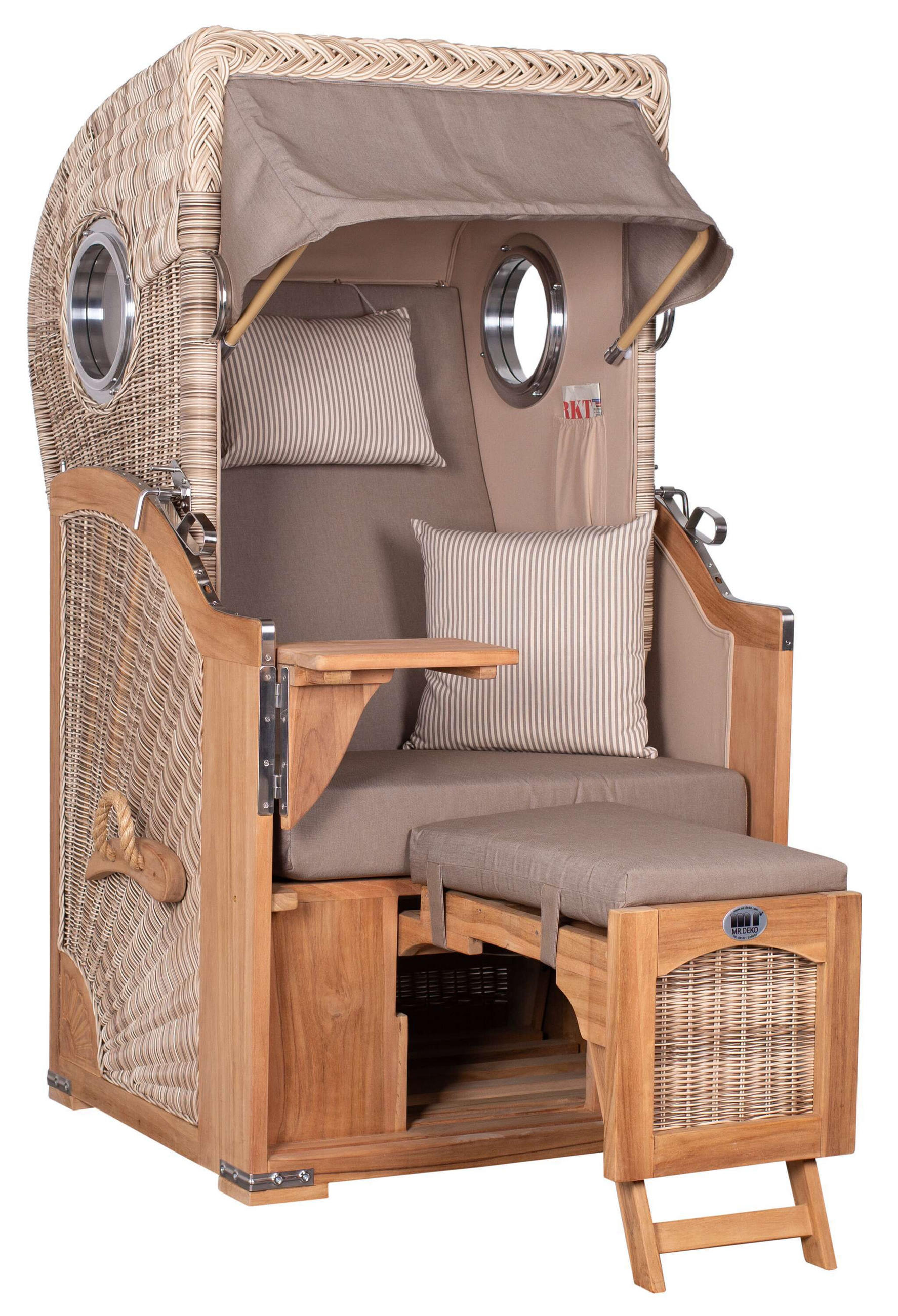 STRANDKORB Düne 1 Sitzer Teak PE Shell - Taupe/Braun, Holz/Textil (96/165/80cm) - Mr. Deko
