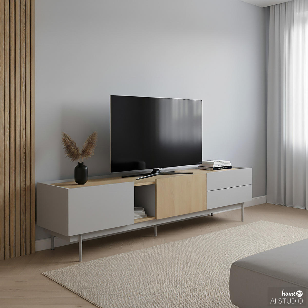TV-LOWBOARD - Echtholzfurnier - Hellgrau / Eiche - Eichefarben/Hellgrau, Holzwerkstoff/Metall (180/45/40cm) - home24