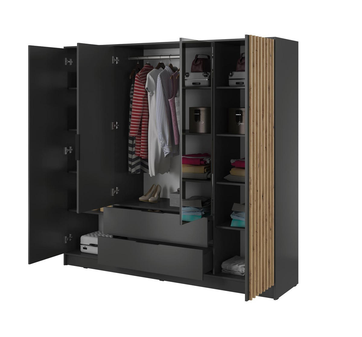 KLEIDERSCHRANK Nelly Graphit, vierürige Schrank, Garderobe mit Spiegel und Schubladen - Graphitfarben, Holzwerkstoff (206/200/51cm) - Bettso