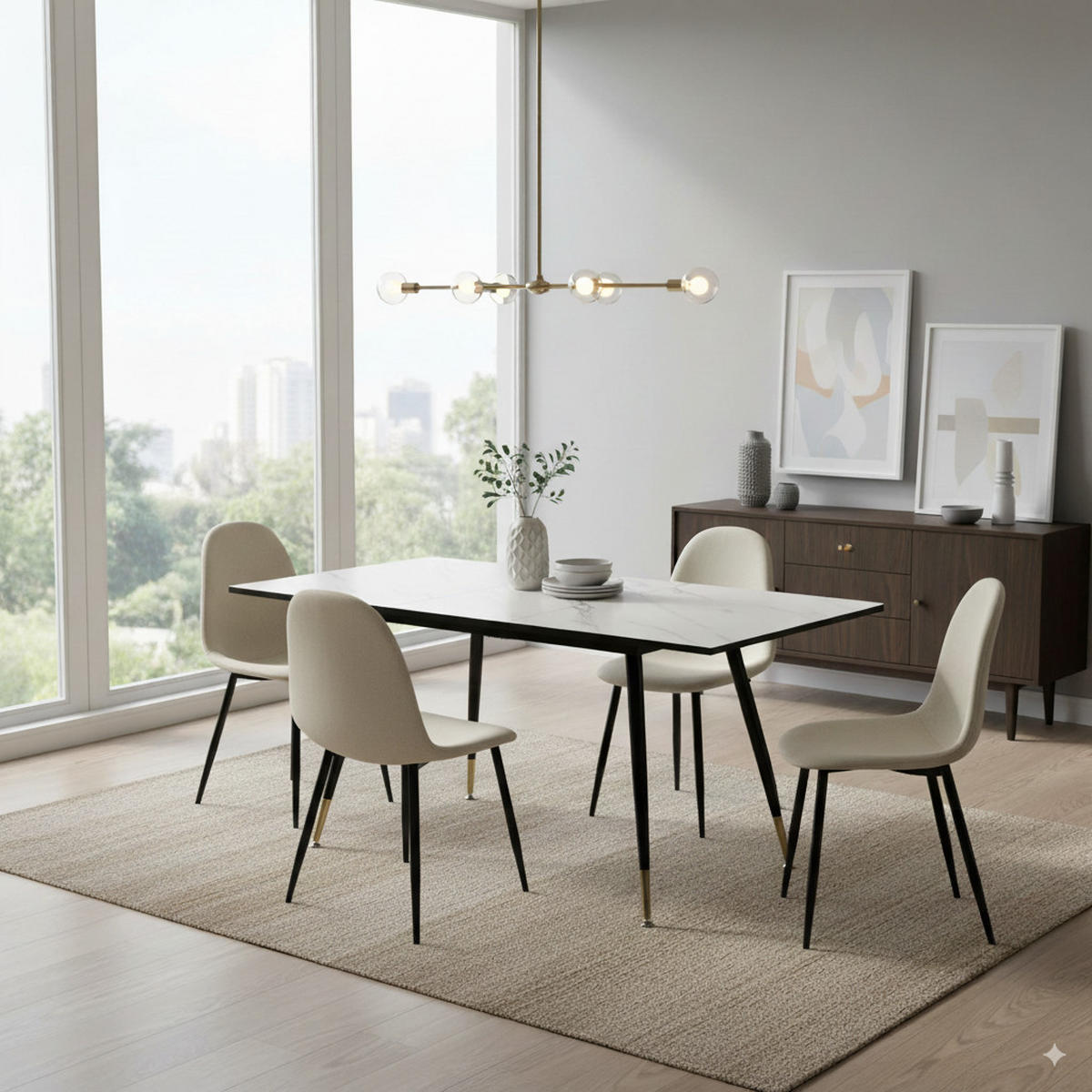 ESSTISCH SET mit ausziehbarem Tisch und 4 bequemen Stühlen - Beige/Schwarz, Holzwerkstoff/Metall (80/75/160cm) - Urban Meuble