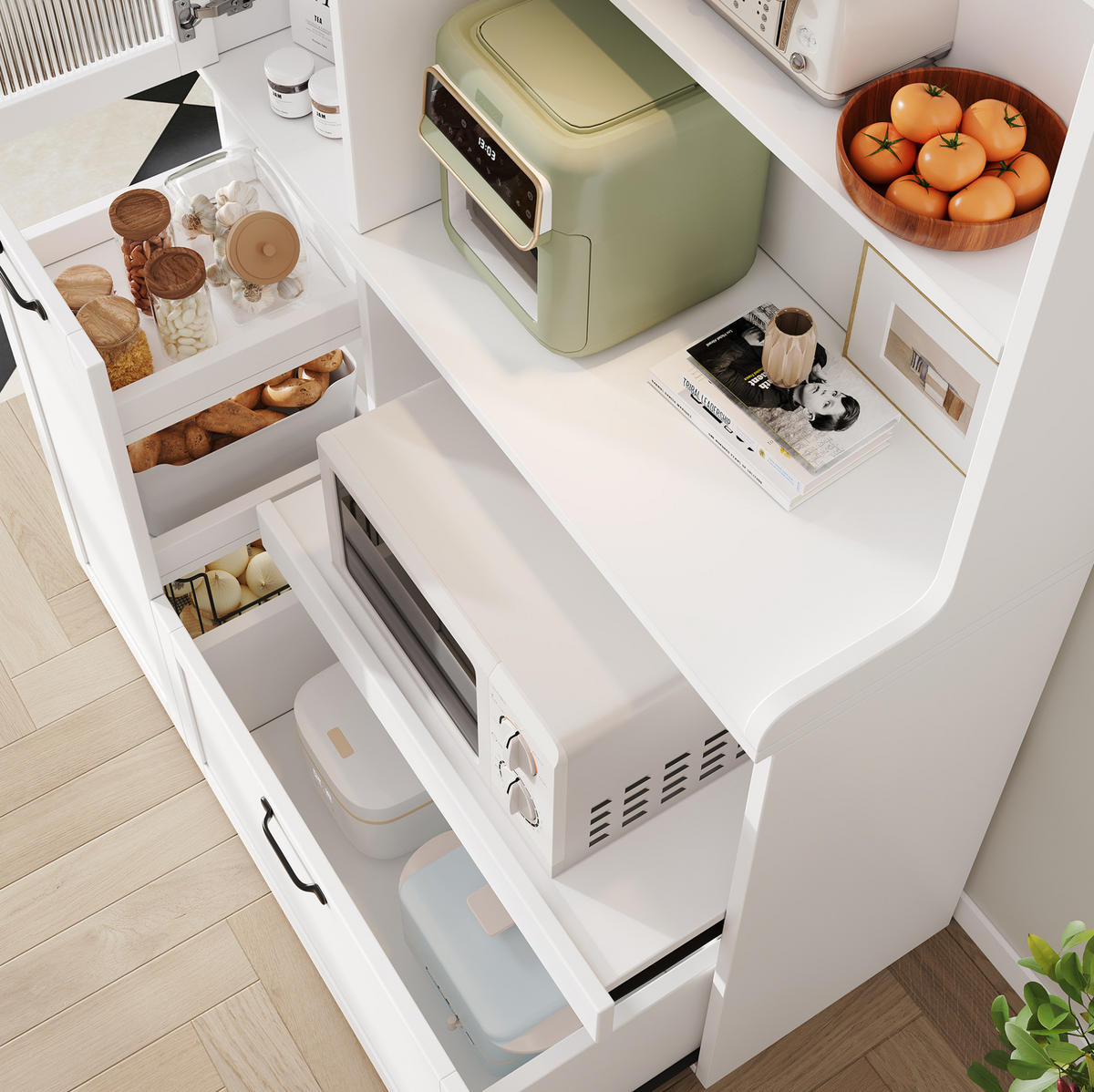 HIGHBOARD 98/40/177 cm aus MDF mit verstellbaren Einlegeböden, Schublade, Ausziehfläche und Riffelglas, Weiß - Weiß, Holzwerkstoff (98/177/40cm) - Redom