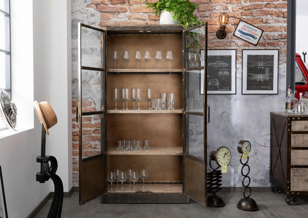 VITRINE Mango 92x40x185 braun lackiert HEAVY INDUSTRY #243 - Braun, Holz (92/185/40cm) - Massivmoebel24