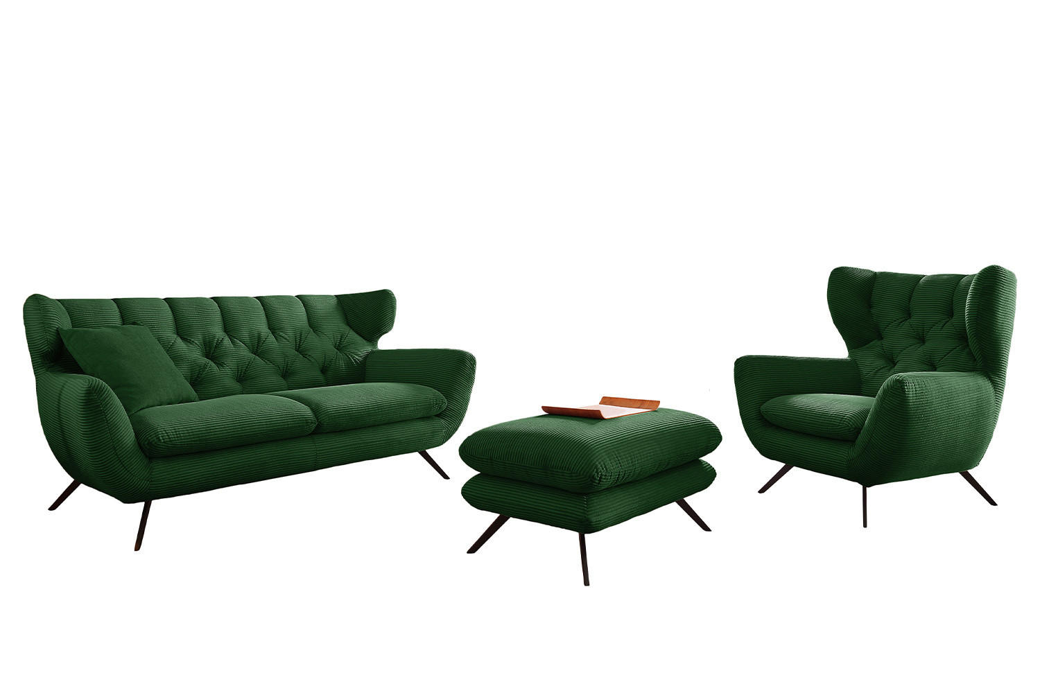 SITZGRUPPE CHARME Smaragdgrün Cord - Smaragdgrün/Schwarz, Textil/Metall (225/94/95cm) - KAWOLA
