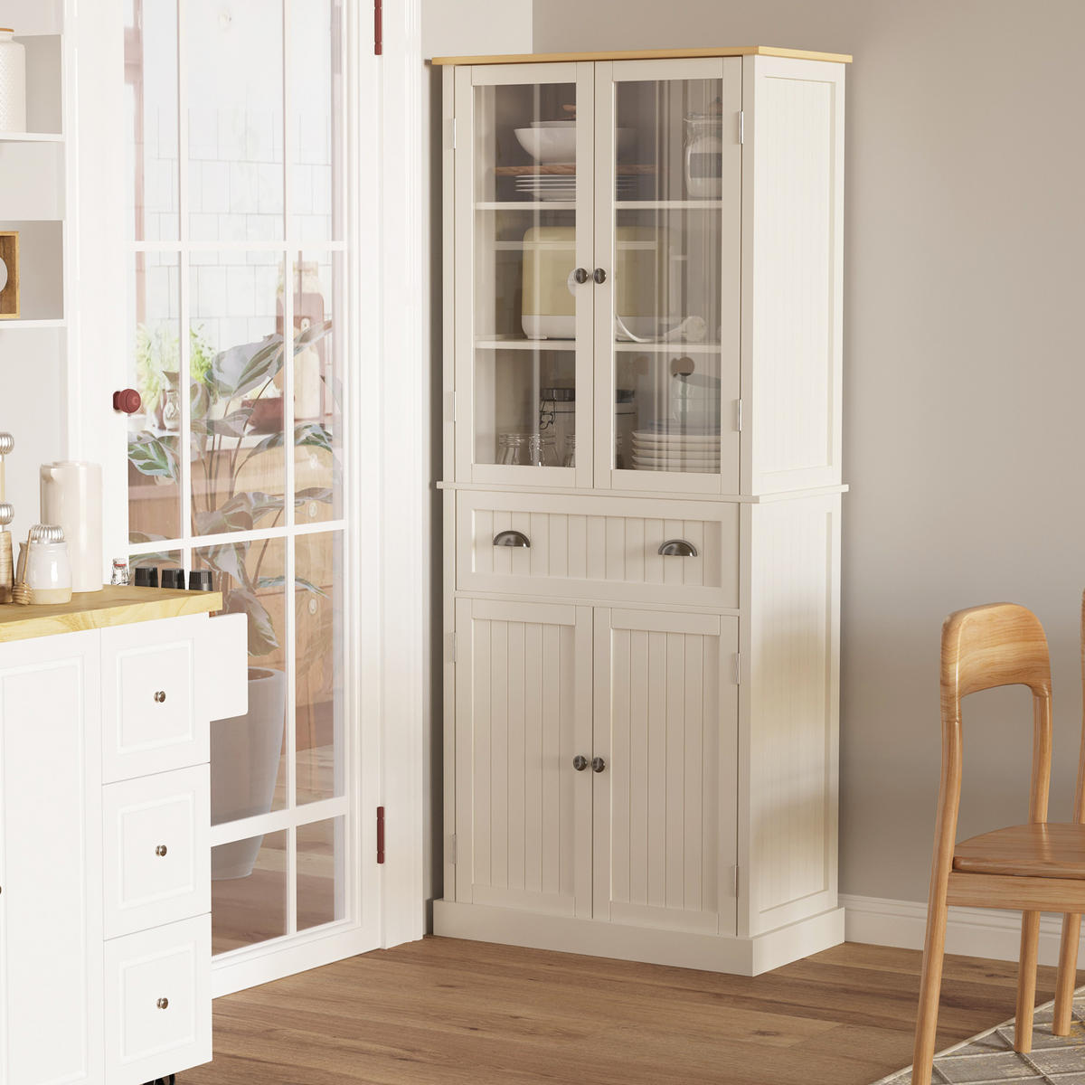 HIGHBOARD DE-11020 4 Türen (2 mit Glas) Beige - Weiß, Holzwerkstoff (40/182.5/76cm) - ComfortXL