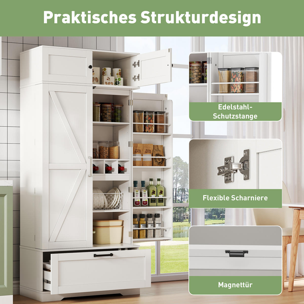 BUFFET 80/40/180 cm Weiß mit verstellbaren Einlegeböden, 1 Schubladen und Weinregal - Weiß, Holz (80/180/40cm) - Oxeza