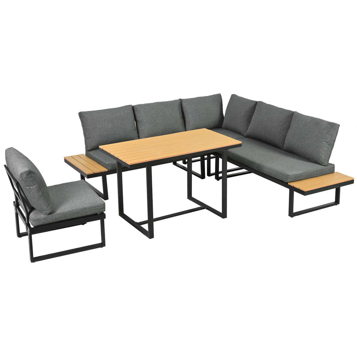 GARTEN-ESSGRUPPE 195/195/76 cm schwarz/grau aus Stahl und Polyester mit verstellbarer Rückenlehne - Grau, Metall - OKWISH