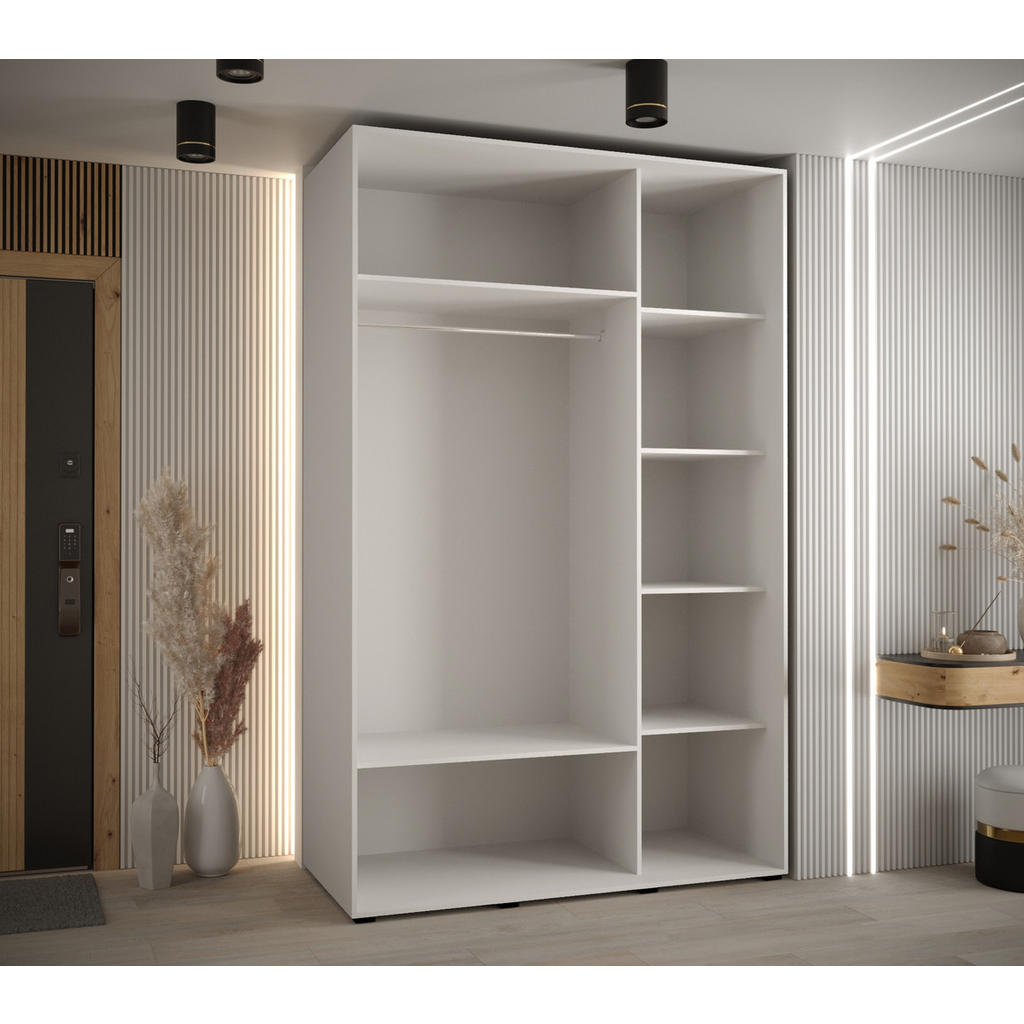 Thumbnail - Abiks Möbel Schwebetürenschrank, Weiß, Eiche Artisan, Schwarz, Metall, Nachbildung, 6 Fächer, 150x235x60 cm, Schlafzimme...