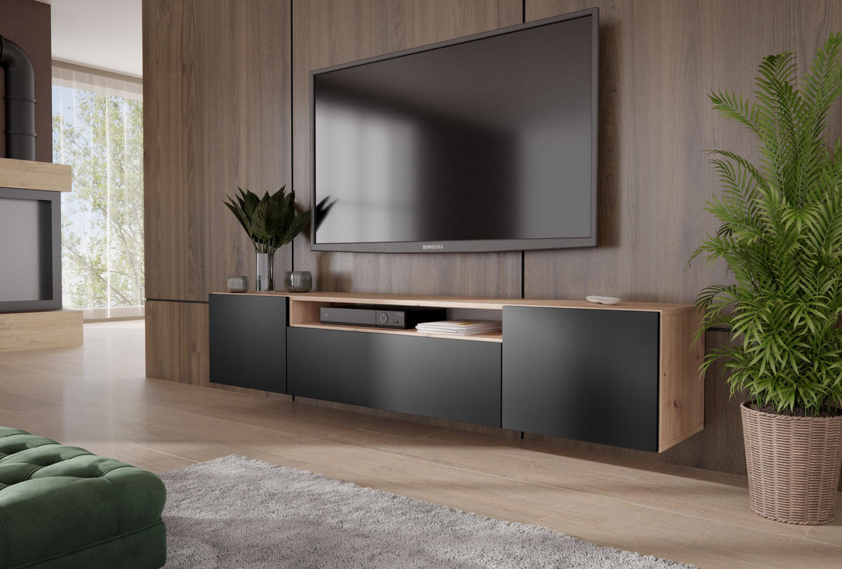TV-SCHRANK Leo 200 cm, dreiitürig, artisan, schwarz - Schwarz/Eiche Artisan, Kunststoff (200/40/41cm) - Margaret Hadas24